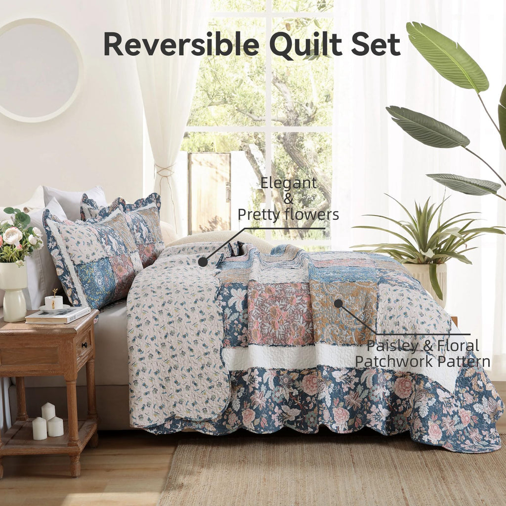 3-Piece Quilt Set King Size Quilted Bedspread Reversible Country Style Blue Floral Paisley Real Patchwork Bedding