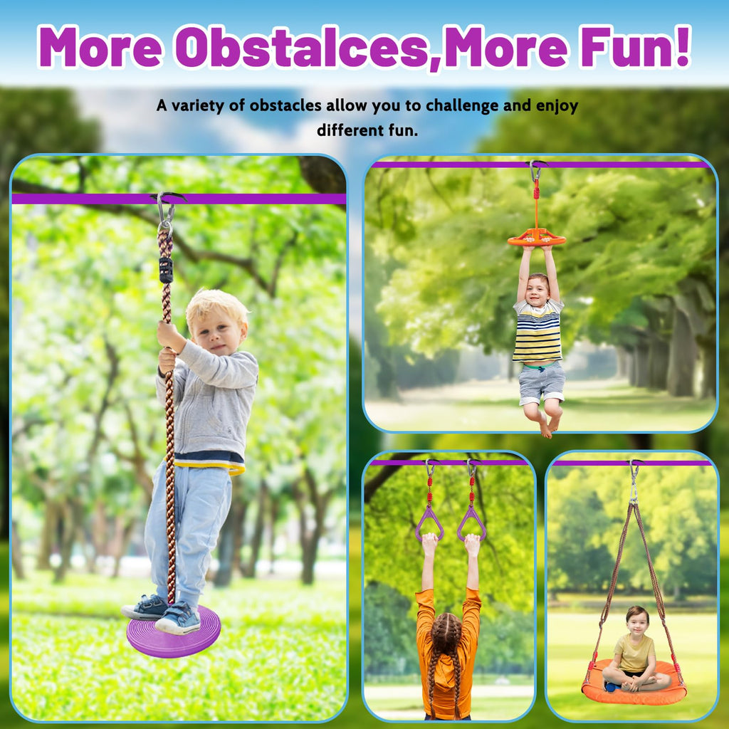 Ninja Warrior Obstacle Course for Kids, 2x56ft Slackline with 12 Accessories, Saucer Swing with 360 Degree Rotating