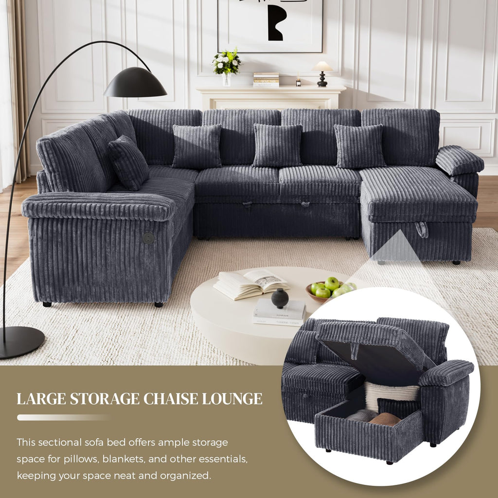 Sectional Sleeper Sofa, Fluffy Soft Corduroy Couch with Pull Out Bed and Storage Chaise, Modern Comfy U Shaped Couch