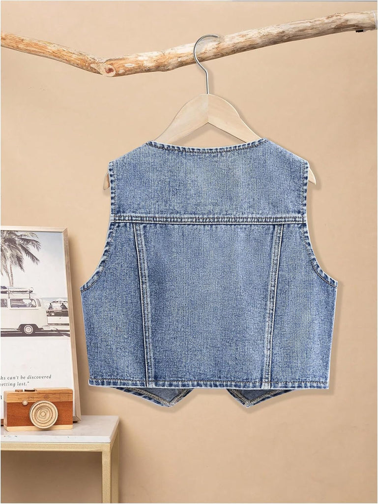 Girl's Button Down Denim Vest V Neck Sleeveless Asymmetrical Jean Jacket