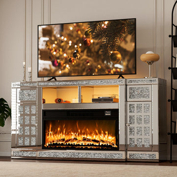 Mirrored Fireplace TV Stand with LED, Drawers, Cabinets & Shelves
