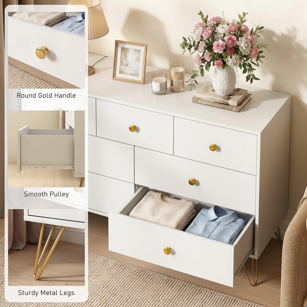 White, Modern 7 Drawer with Gold Handles and Metal Legs, White and Gold Dressers & Chest of Drawers