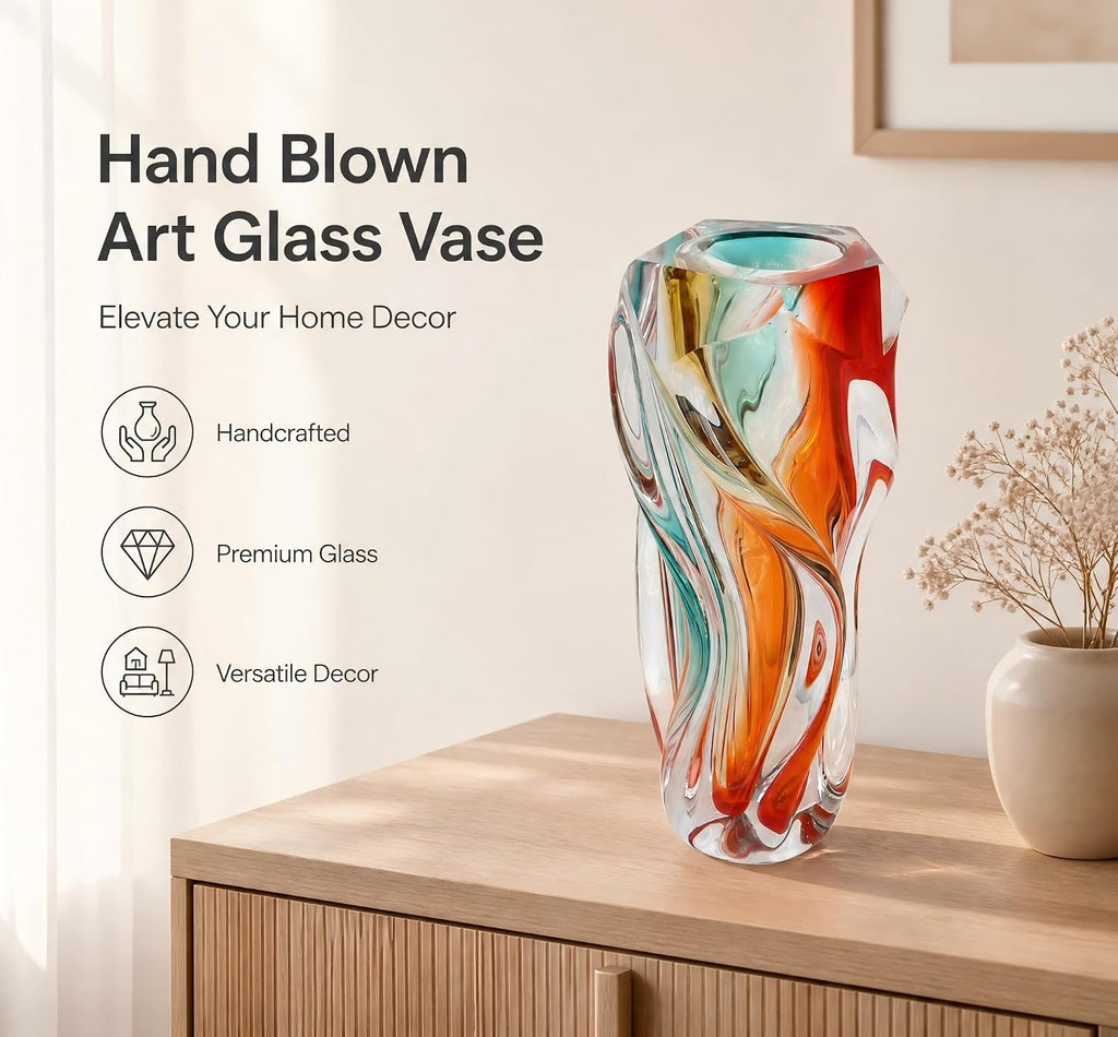 Hand Blown Twisted Multicolor Art Glass Vase, 12" Tall Luxury Swirl Crystal Vase, Decorative Centerpiece, Dining