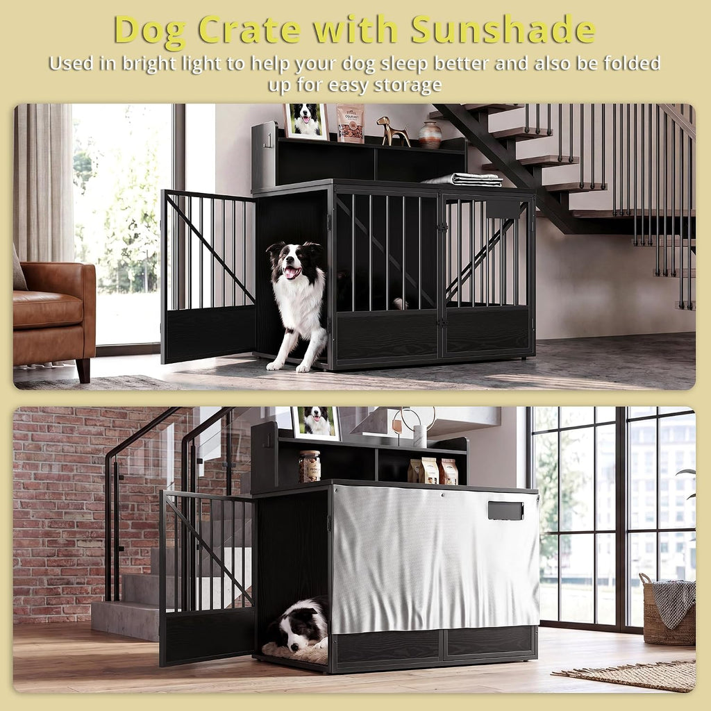 43.3" Dog Crate Furniture with Sunshade and Storage