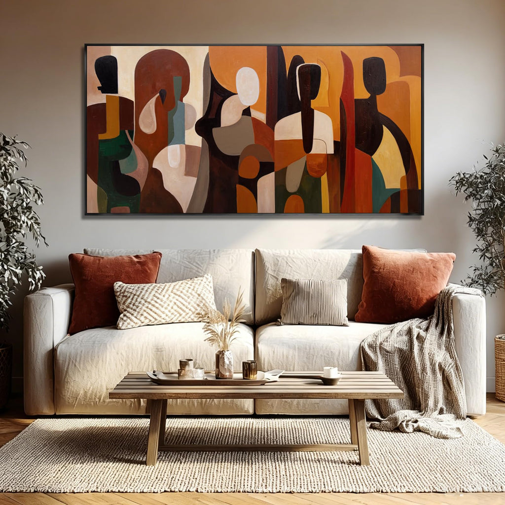 Modern Abstract Wall Decor Framed Canvas Prints Brown Geometric Wall Art Vintage Figure Artwork Office Entryway 24x48