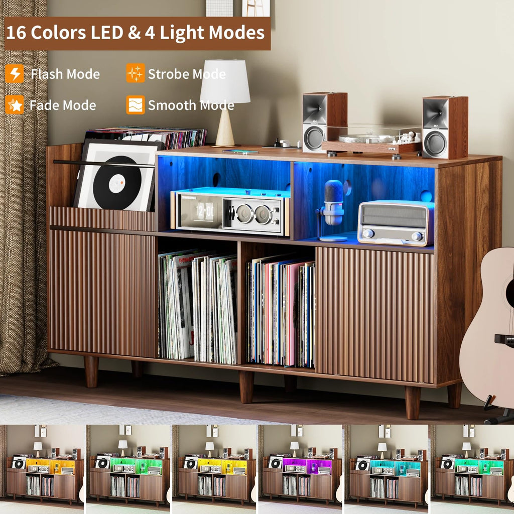 55" Large Record Player Stand with Power Outlets & LED Lights