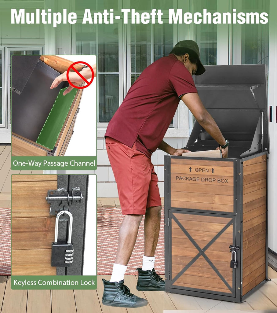 Package Delivery Boxes Theft & Weatherproof Solid Wood with Iron Frame, Parcel Drop Box with Combination Lockable