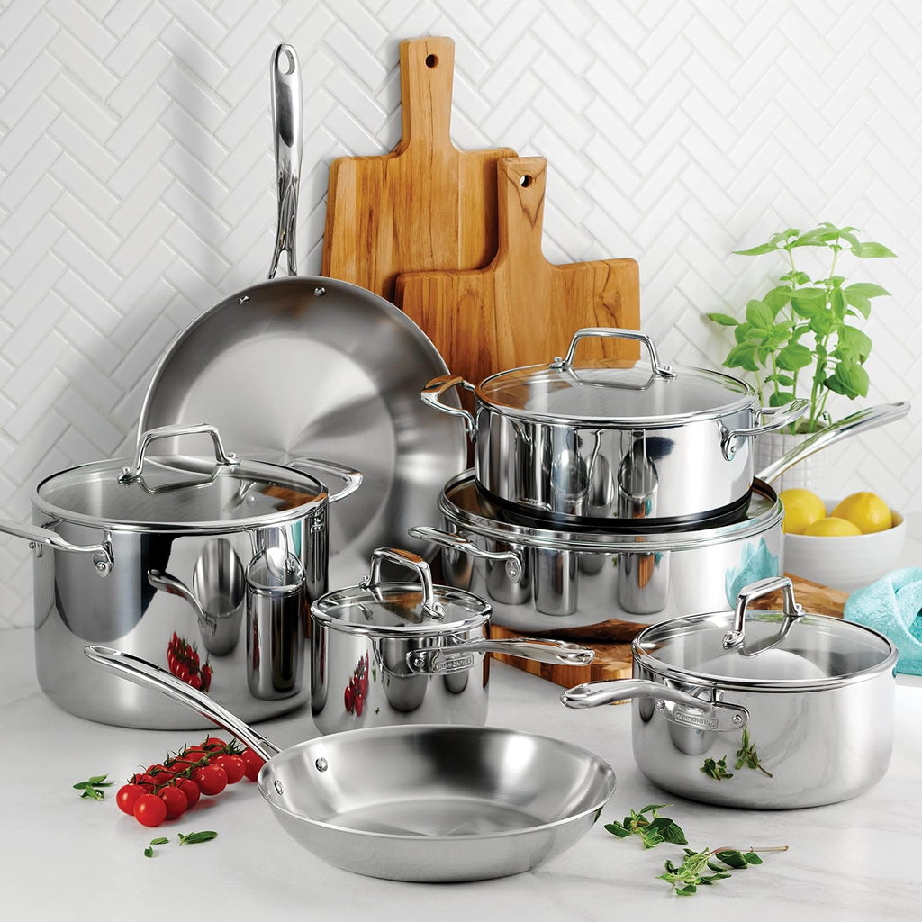 Boston Tri-Ply Clad Stainless Steel 12-Pc Pots and Pans Set | Cookware Kitchen Set with Glass Lids, Induction-Ready