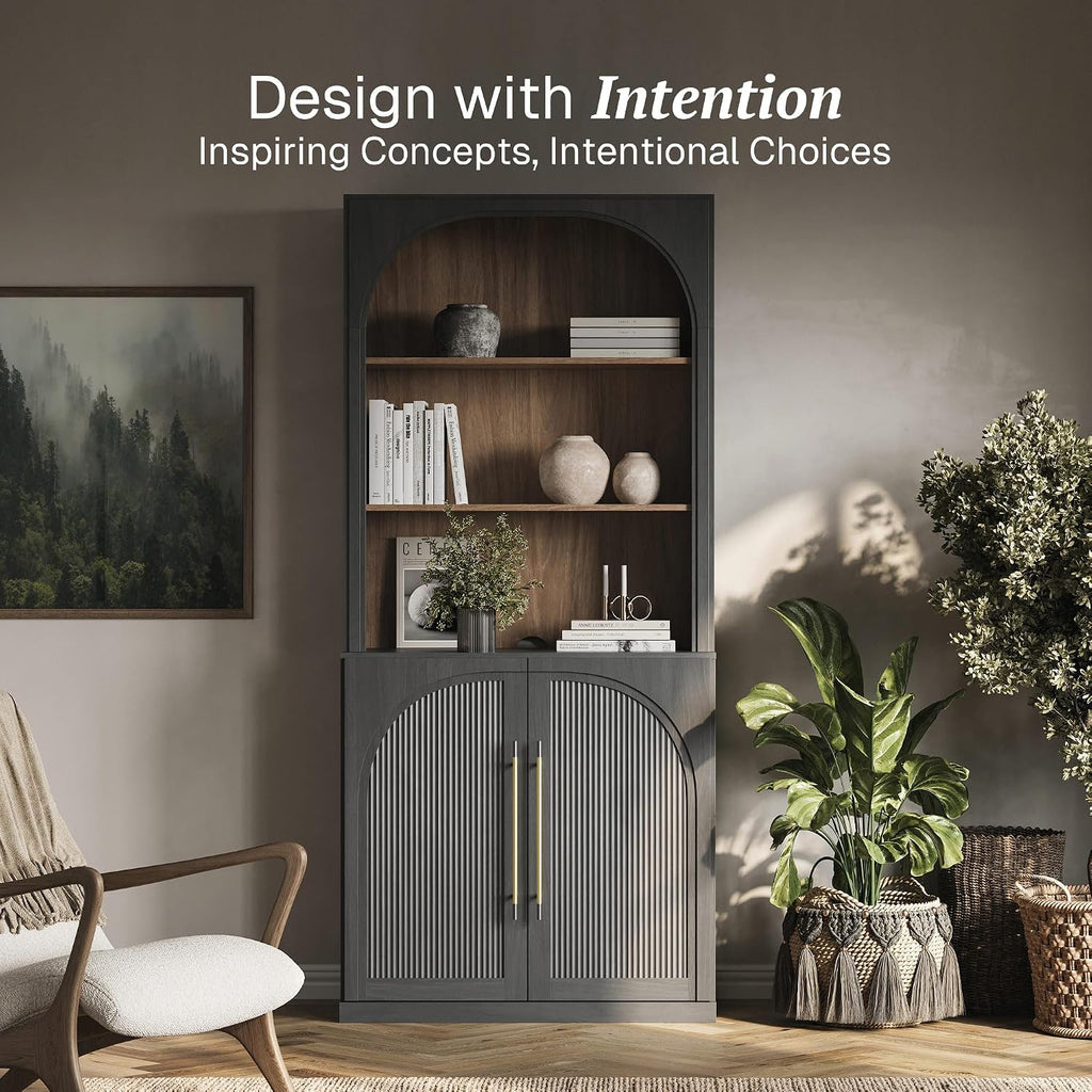 Tall Arched Storage Cabinet with Hutch,Modern Bookcase with Drawers,Freestanding Display Shelf with Fluted