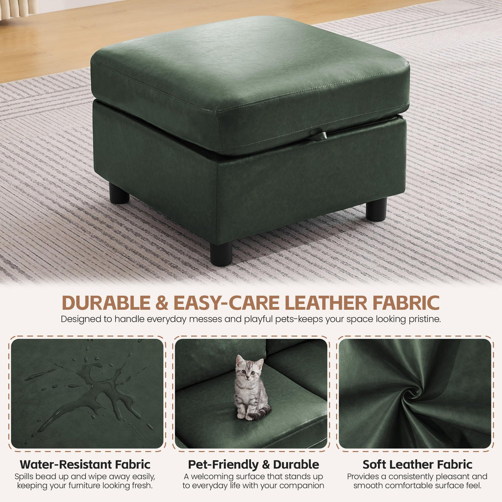 25" Faux Leather Square Storage Ottoman for Modular Sectional Sofa, Green