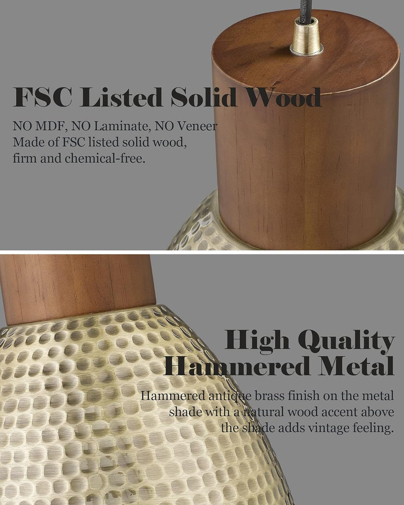 Hammered Pendant Lights for Kitchen Island, 7" Small Solid Wood Vintage Metal Hanging Light Fixture Adjustable Height