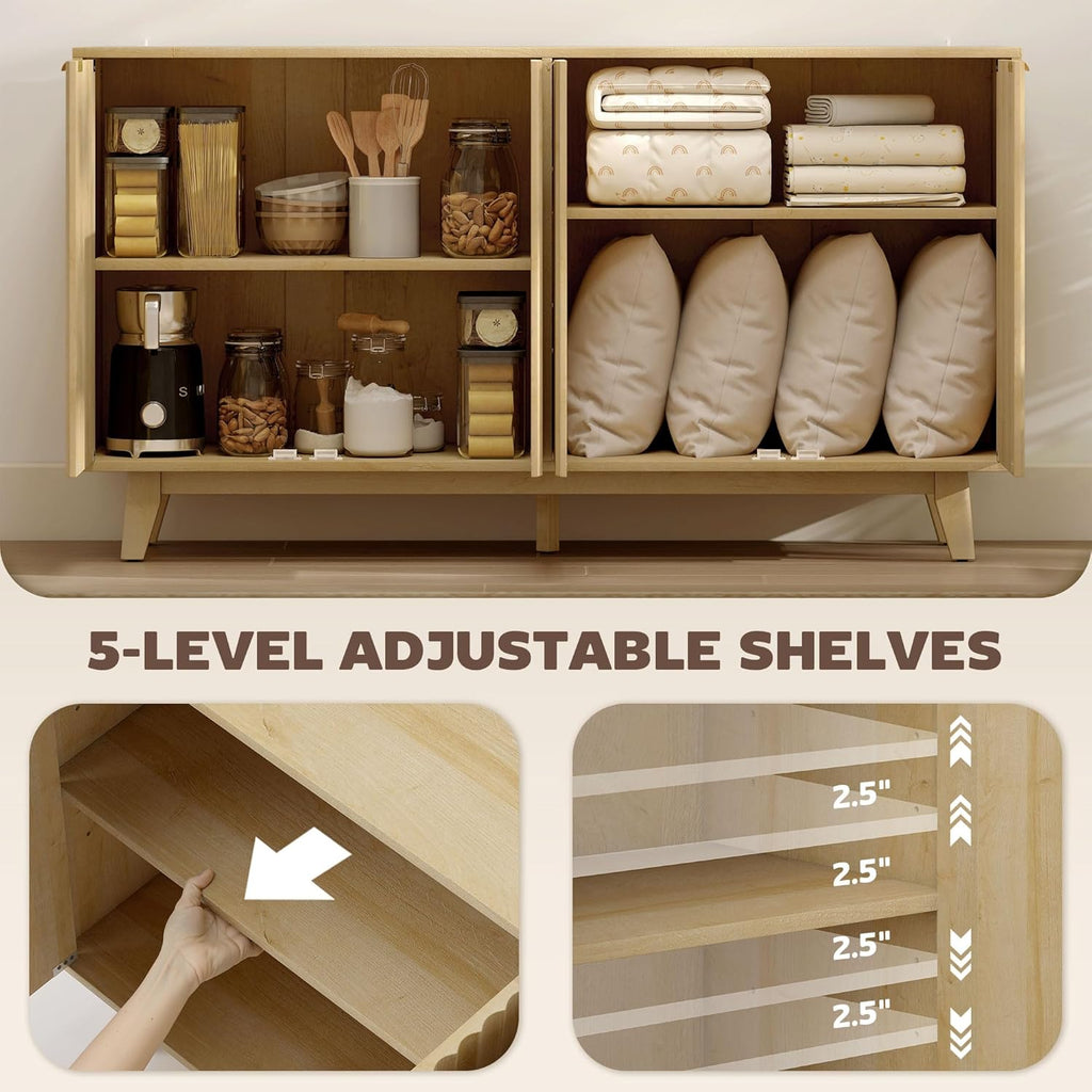 Fluted Sideboard Buffet Cabinet, 55" Modern Accent Console Cabinet with 4 Doors, 2 Adjustable Shelves and 5 Wood Legs