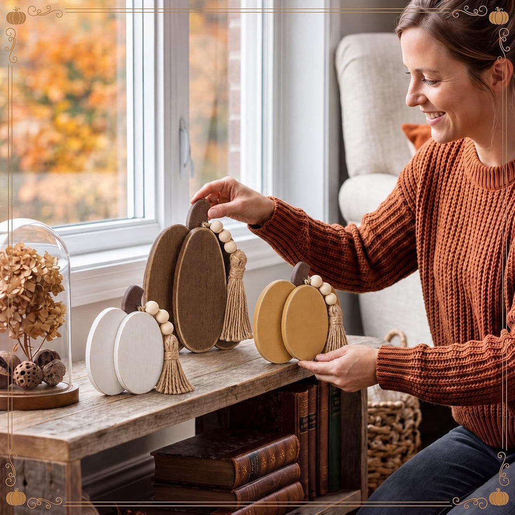 Fall Thanksgiving Pumpkin Decor with Beige Beads Fall Wooden Sign 3D Pumpkin Tabletop Centerpiece Farmhouse - Set of 3