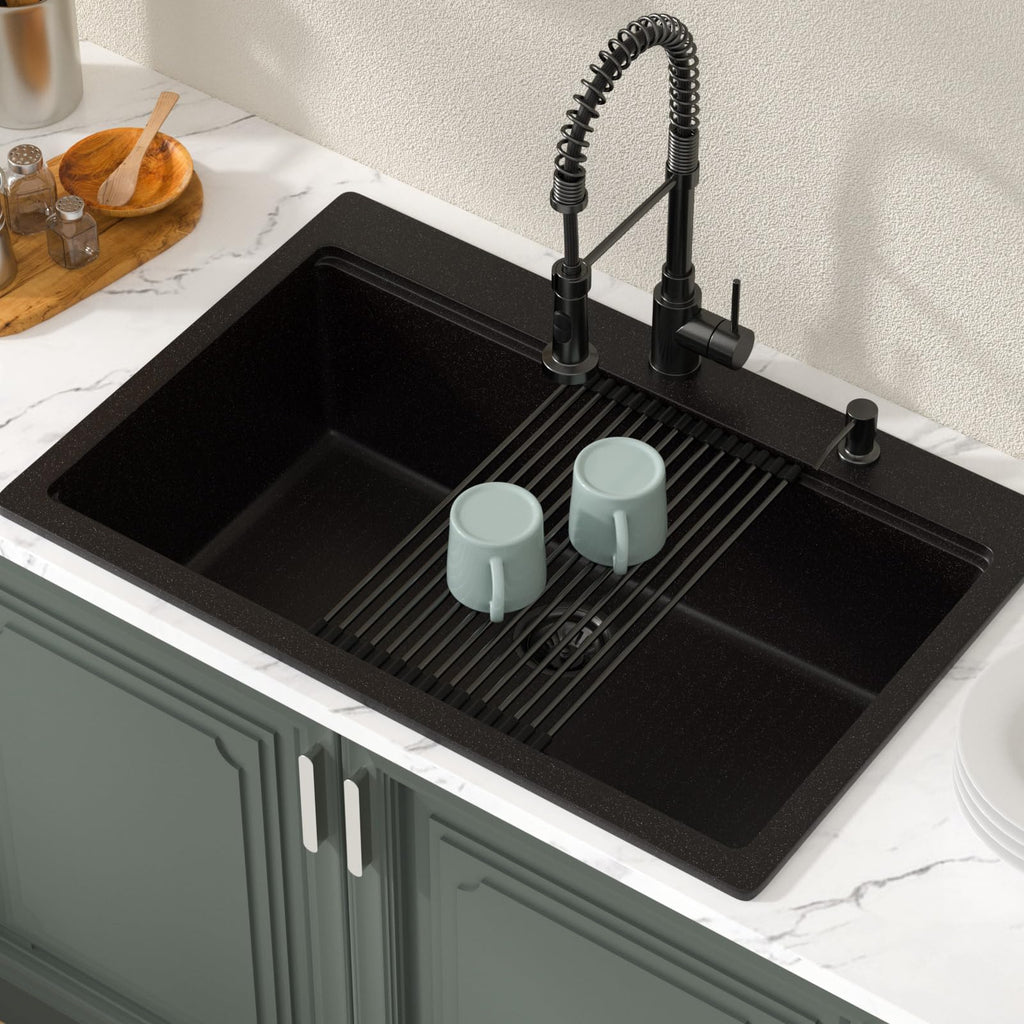 33 Inch Drop In Black Composite Granite Single Bowl Sink