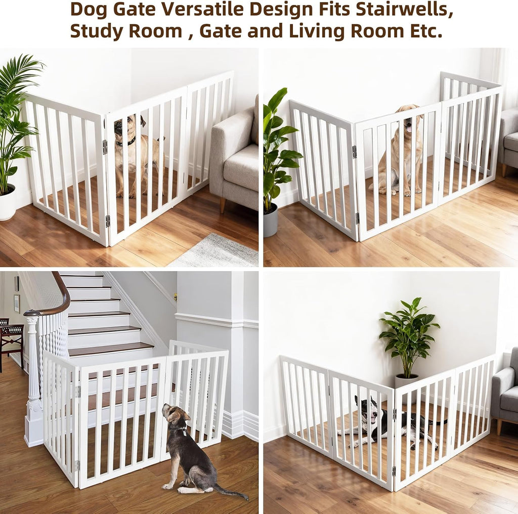 Freestanding Indoor Dog Gate Foldable Wood White Puppy Gate for Doorways Pet Gate for Stairs Extra Wide Pet Fence 24"