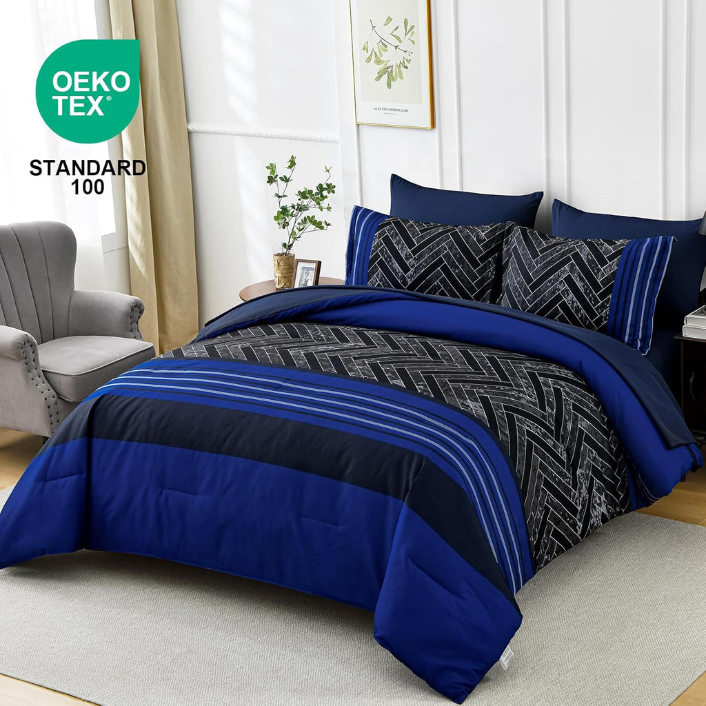 Luxudecor Blue Comforter Set King, 7 Pieces Stripe Geometric Bed in a Bag, Geometric Comforter and Sheet Set
