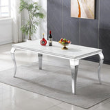 Luxury Marble Dining Table Rectangular 68" Faux Marble Kitchen Table with Silver Mirrored Stainless Steel Legs, White