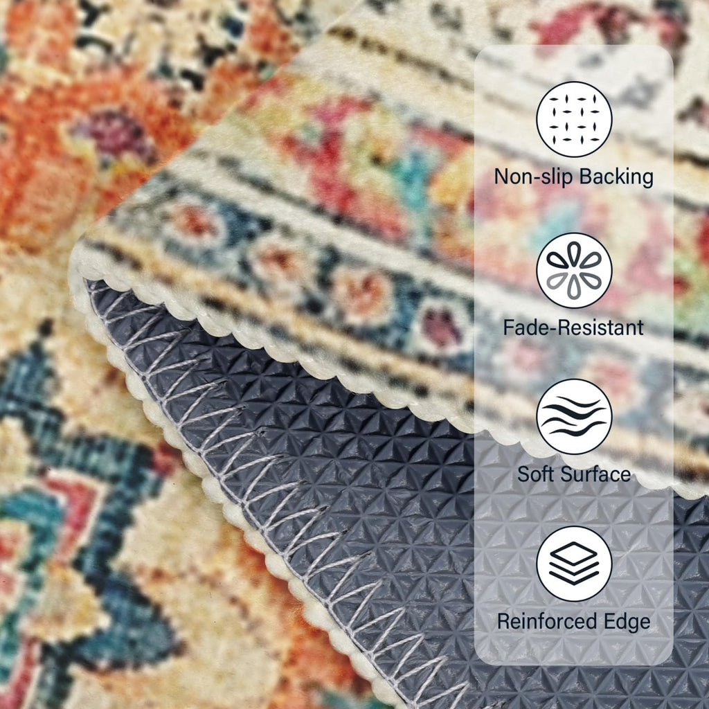 Orange Boho Round Area Rug 4ft, Machine Washable Bohemian Oriental Round Rug Non-Slip Colorful Moroccan Farmhouse