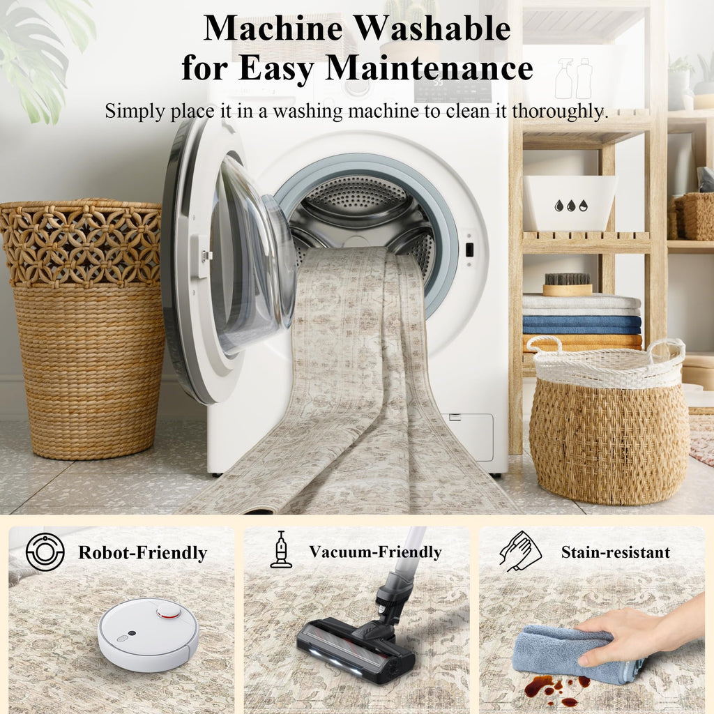 3x10 Neutral Beige Soft Low Pile Non Slip Machine Washable Runner Rug
