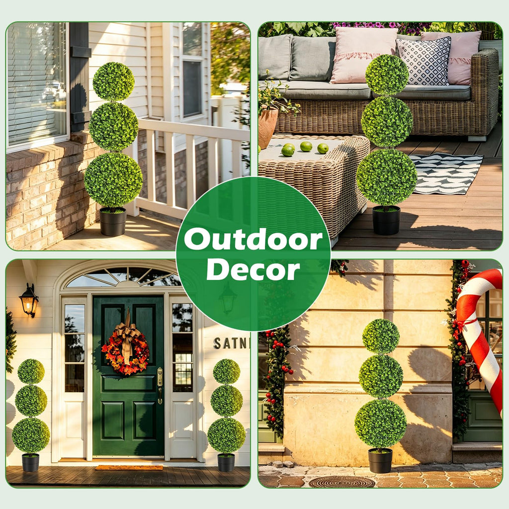 3FT Realistic Artificial Boxwood Triple Ball Topiary Tree with Pot/Ground Stake, UV-Resistant Faux Topiary Plant