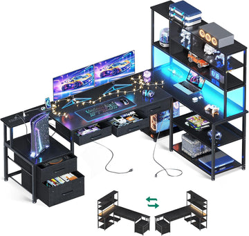 79 inch L Shaped Desk with 5 Drawers, LED Light & 2 Power Outlets | Reversible Black L Shaped Gaming Desk, Computer