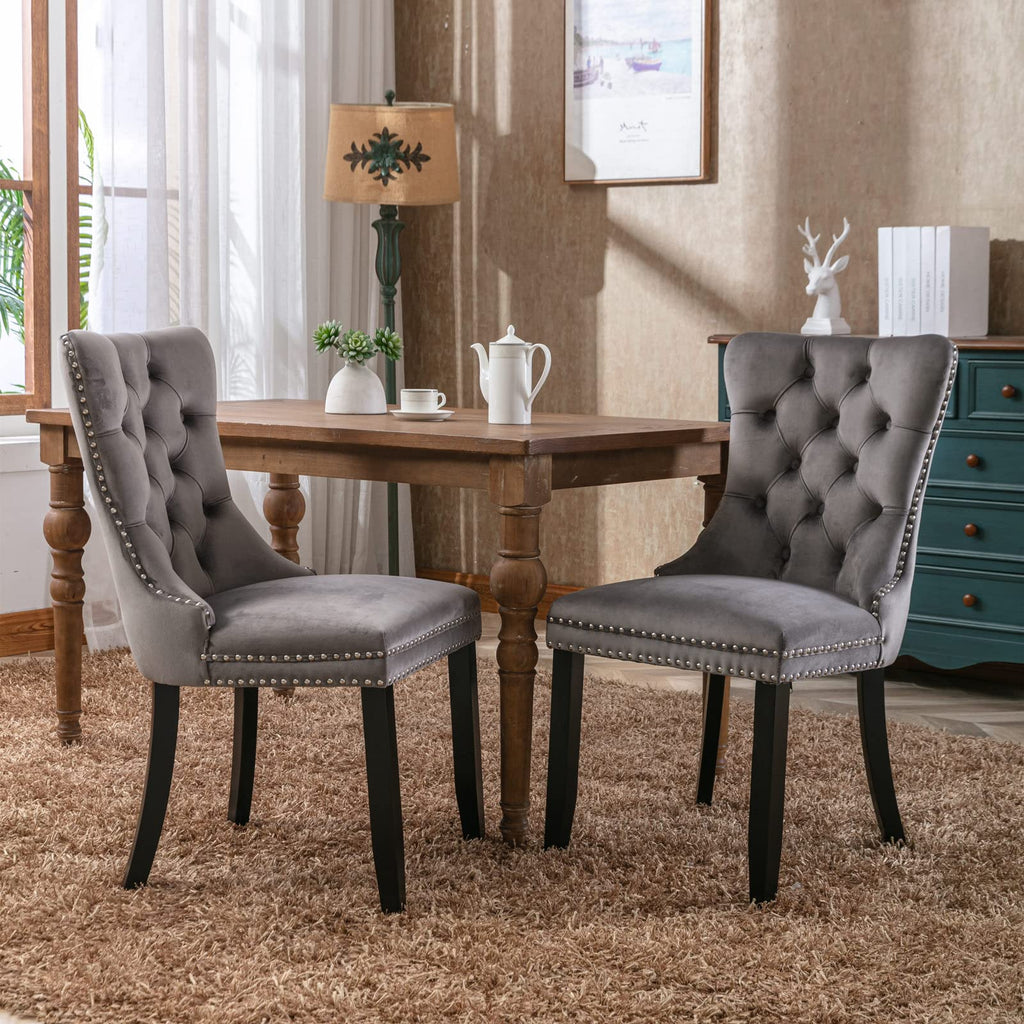 Grey Velvet Dining Chairs Set of 6, Tufted Back with Ring Pull