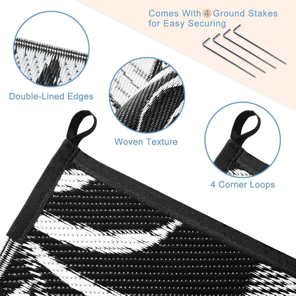 Reversible Outdoor Rug, Waterproof Outdoor Plastic Straw Rug, Tropical Leaf RV Camping Rugs for Outside, Deck