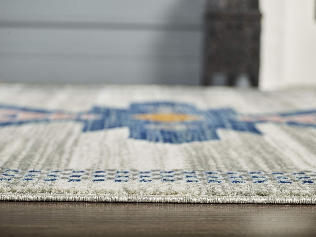 Porto Collection Southwestern Area Rug, Rectangular Turkish Beige & Blue Tribal Print Accent Rug Rugs