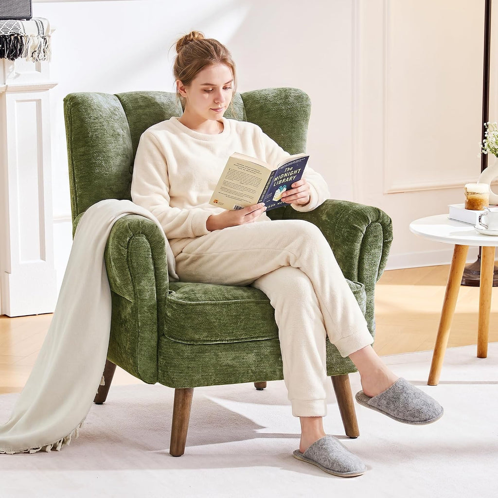 Wingback Accent Chairs , Mid-Century Modern Living Room Chairs, High Wingback Reading Chair, Chenille Tufted