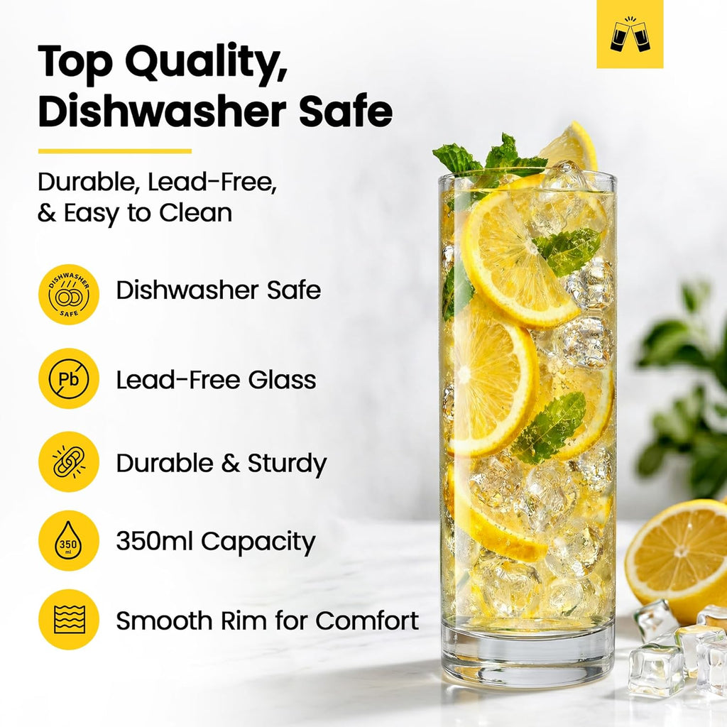 Premium Highball Glass Set | Tom Collins Glasses 12oz Set of 6 | Lead-Free Glass with Heavy Base | Dishwasher Safe