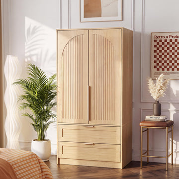 2-Door Armoire Wardrobe 63" H, Arch Carved Door w/Drawers