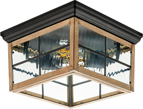 Outdoor Flush Mount Ceiling Light Fixture, Wood Grain, 2-Light | Water Glass, Square Farmhouse, Porch or Patio Light