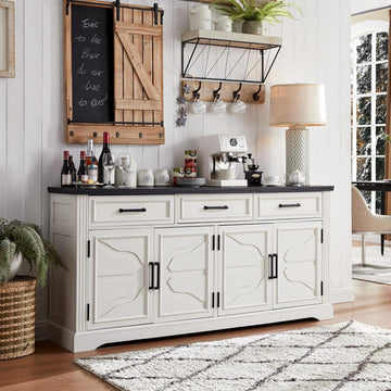 66" Farmhouse Buffet Cabinet with Storage, Sideboard Credenza, Carved Cloud-Inspired Doors, 3 Drawers & Adjustable