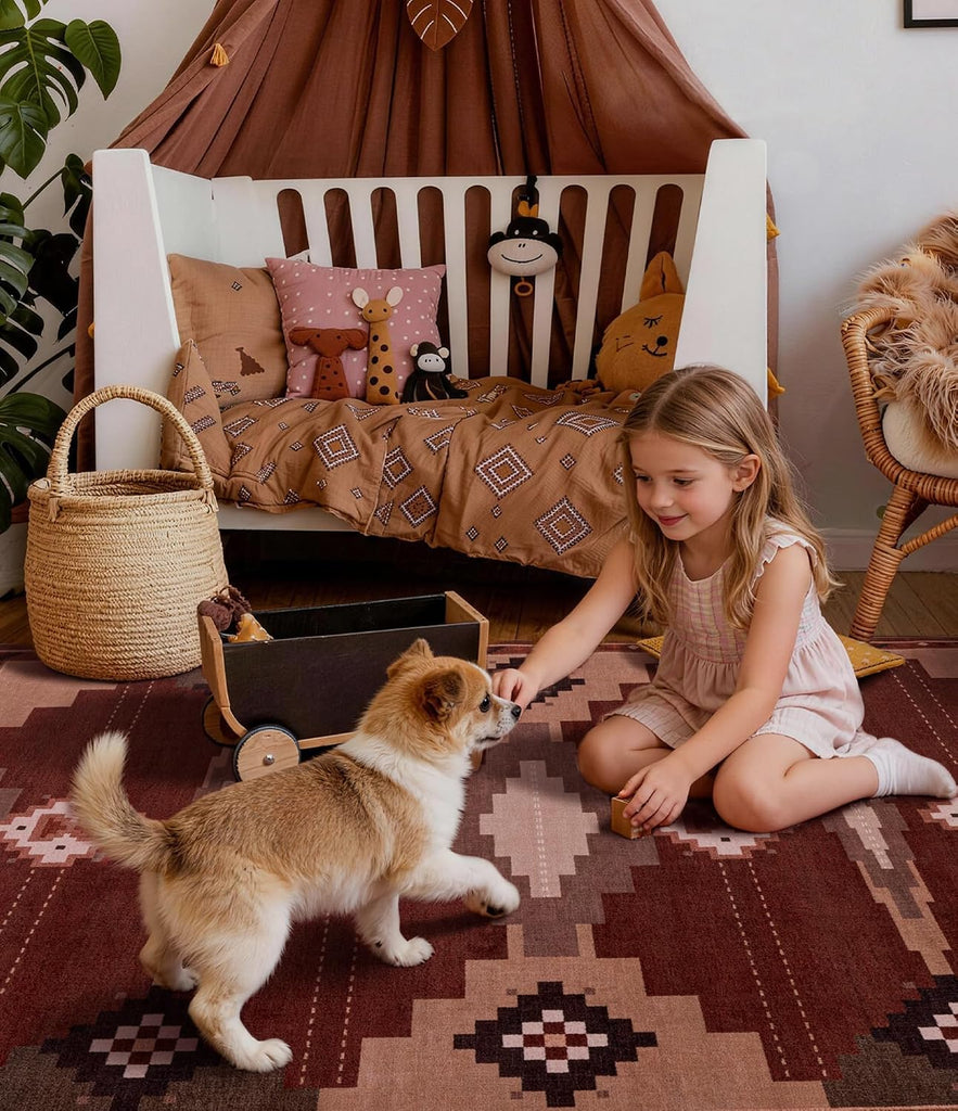 Washable Western Red Aztec Area Rug