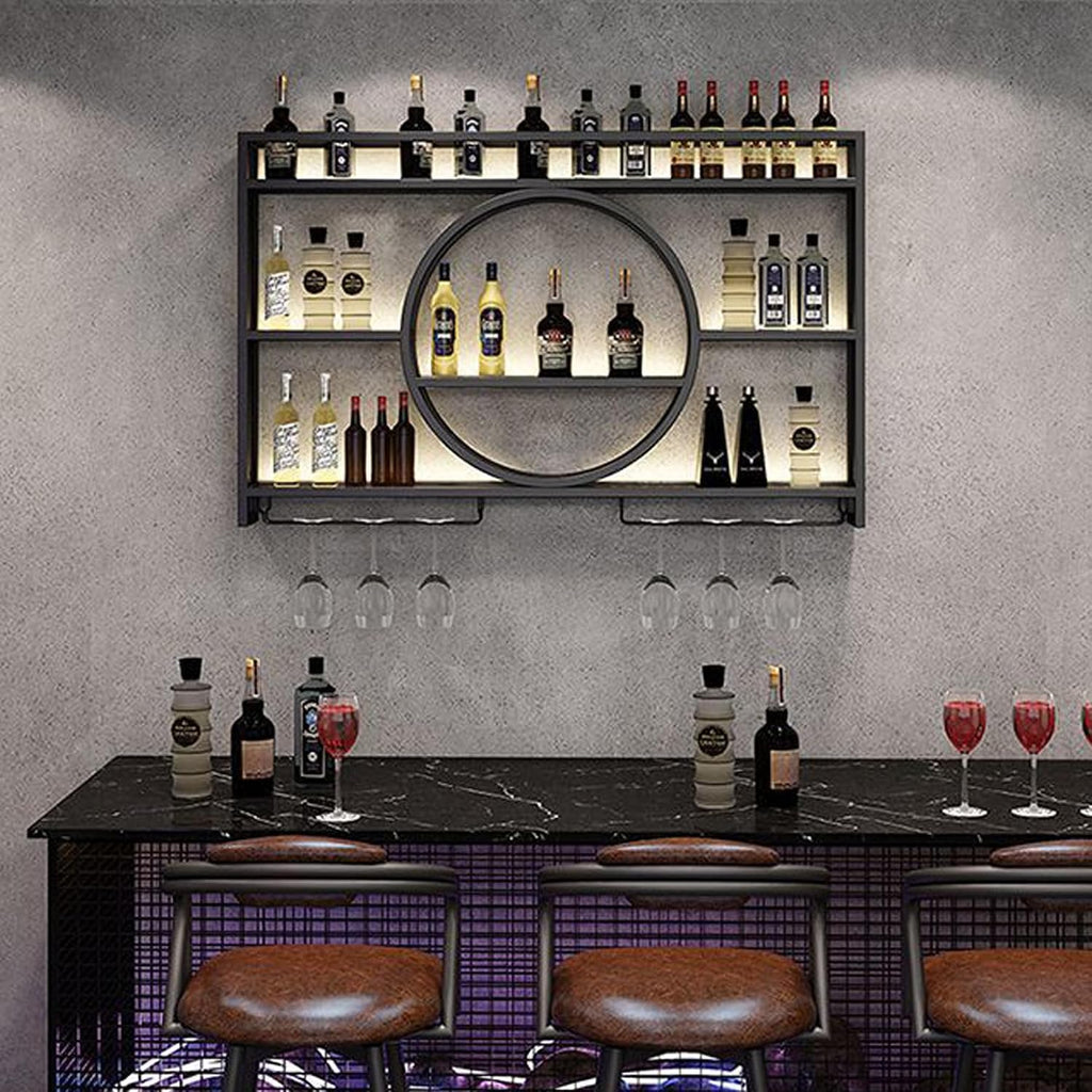 Wine Rack Wall Mounted with LED Light,Bar Liquor Shelf,Black,100*80*15 | Metal,3-Tier,Wine Glass Holder,Modern,Home