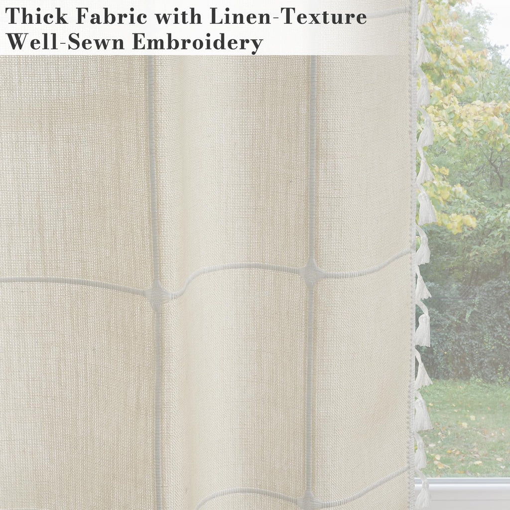 Beige Plaid Curtains, White Embroidered Gingham 63 Inch Boho Farmhouse Curtains & Drapes, Linen Texture Light