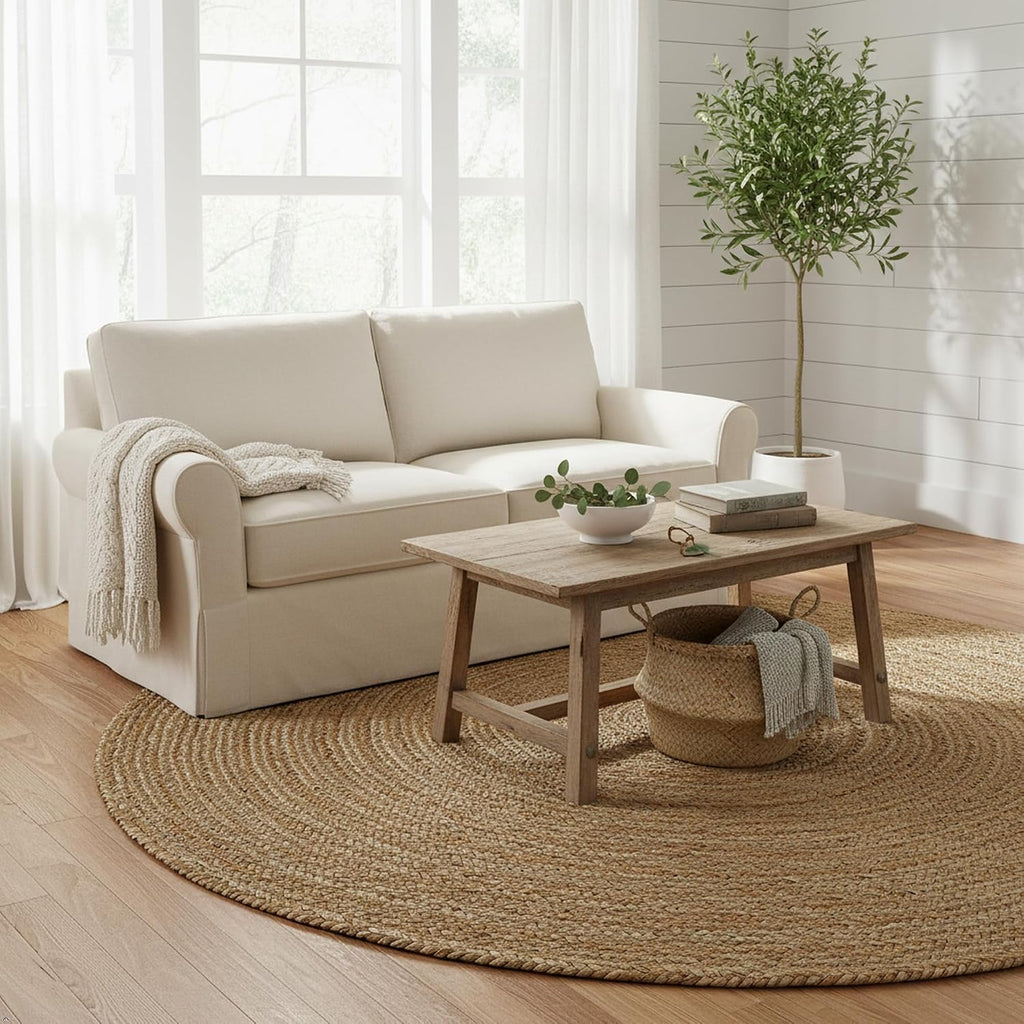 Handwoven Jute Area Rug - 6 feet Round - Natural Yarn - Rustic Vintage Beige Braided Reversible Rug - Eco Friendly