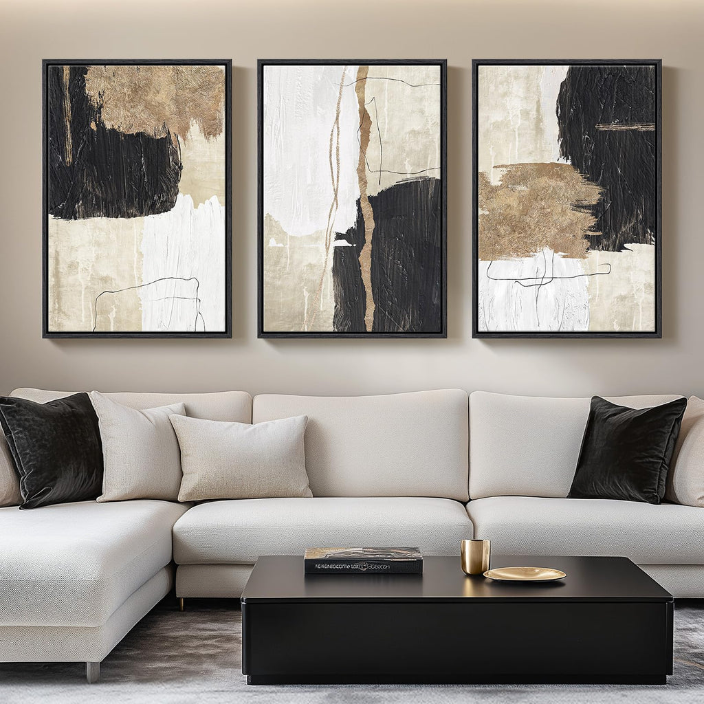 Framed Black and White Gold Abstract Wall Art, 24x36 Inch