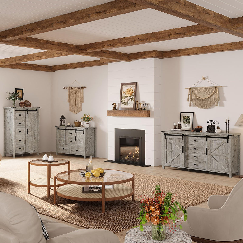 31.5" Farmhouse 5-Drawer Dresser with Barn Doors, Light Rustic Oak