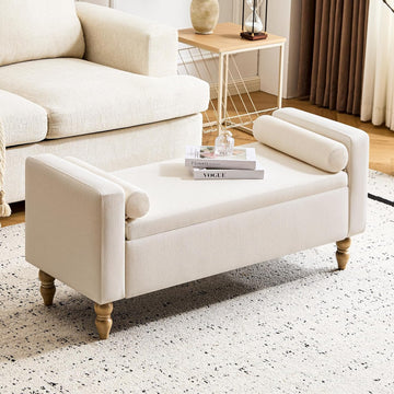 Large Storage Ottoman Bench, 45.7" Linen Upholstered Entryway Bench with Solid Wood Legs, End of Bed Bench, Shoe