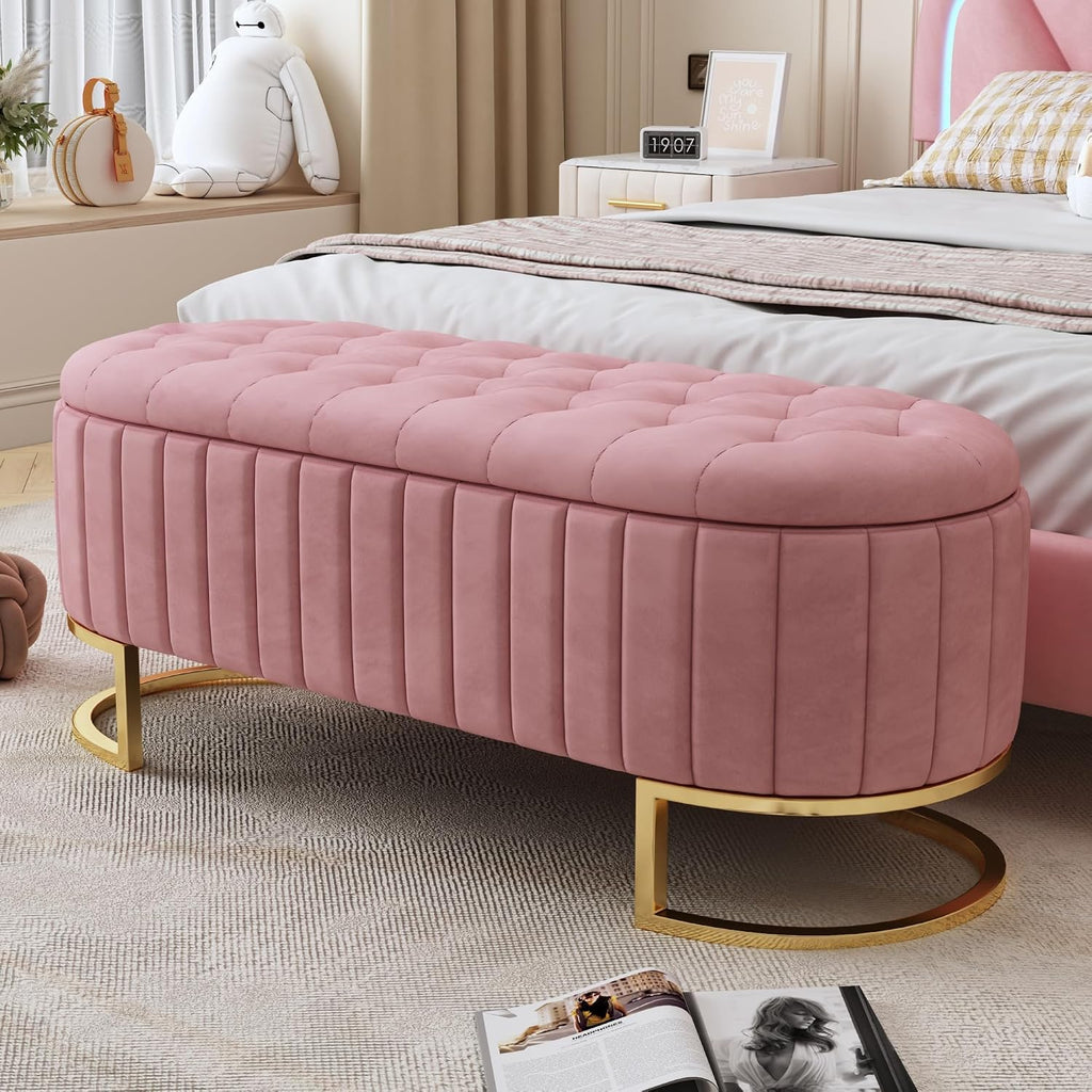 Elegant Upholstered Velvet Storage Ottoman with Button-Tufted, Storage Bench with Metal Legs , Fully Assembled Except
