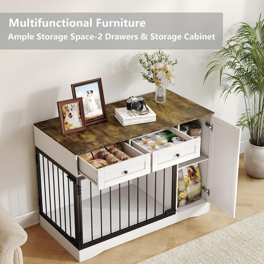 Dog Cage Furniture, 47 Inch Modern Double-Door Indoor Kennel with Farmhouse-Style Dog Cage Featuring Dual-Drawer