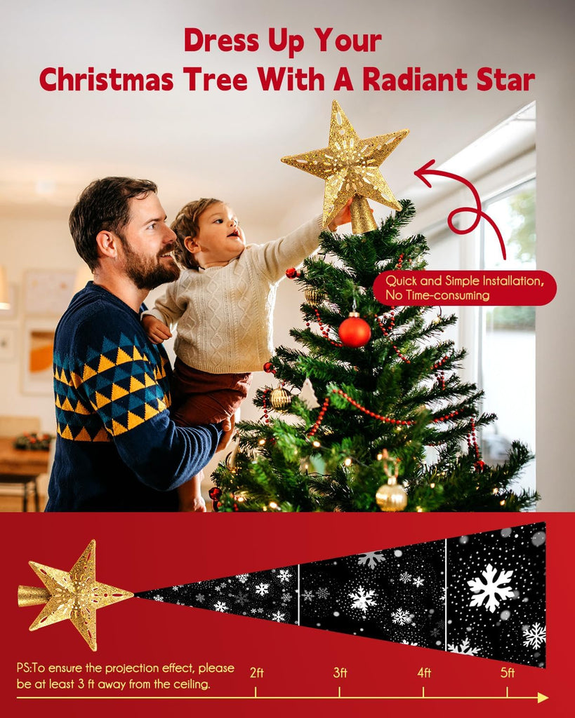 Christmas Star Tree Topper with Snowflake Projector Lights