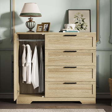 Wood Armoire Wardrobe Closet with 4 Drawers and Door, 43.3 in H Bedroom Wardrobe Cabinet with Hanging Rod, Clothing