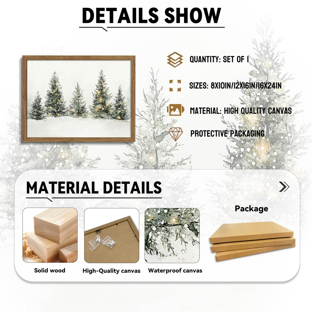 Vintage Christmas Pine Tree Wall Art, Nature Snowy Forest Canvas Wall Decor Painting, Neutral Farmhouse Christmas