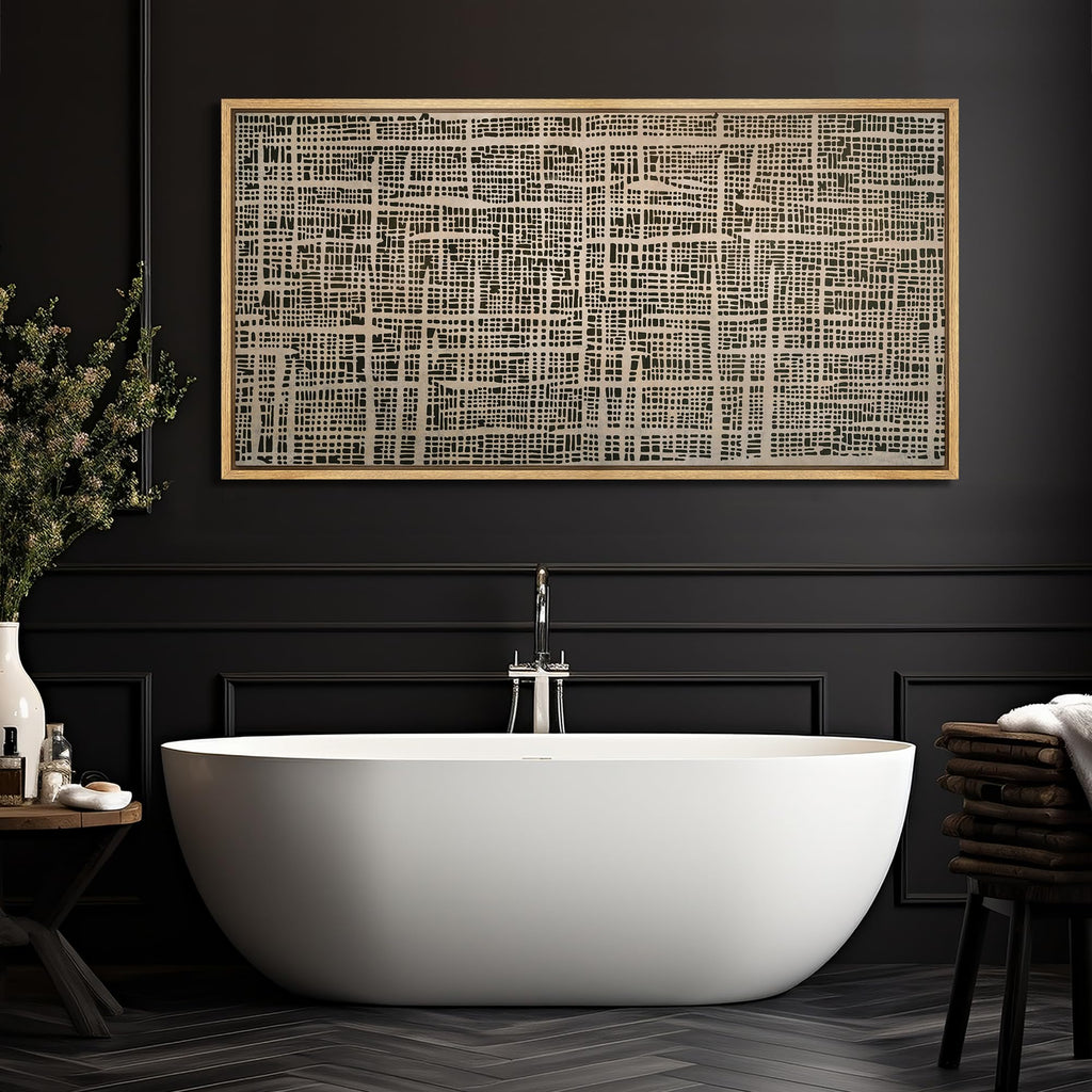 Extra Large Framed Canvas Print Wall Art Modern Geometric Grid Abstract Black and Beige Contemporary Illustrations