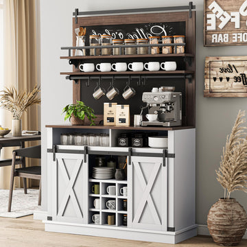 Coffee Bar Cabinet, Farmhouse Buffet Cabinet with Storage, 75" Tall Bar Cabinet Kitchen Buffet Sideboard with Sliding