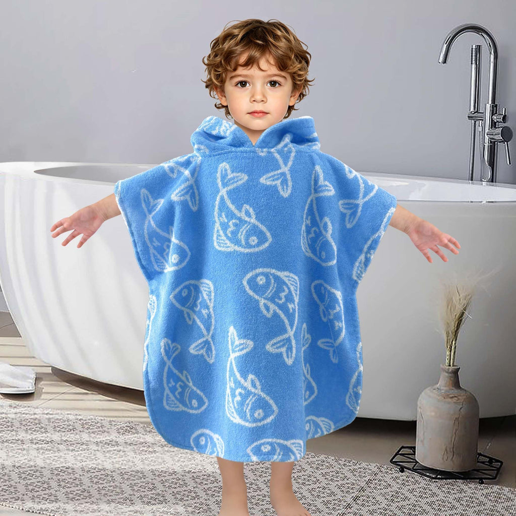 Toddler Hooded Poncho Towel 1-3Y,100% Cotton, Blue Fish