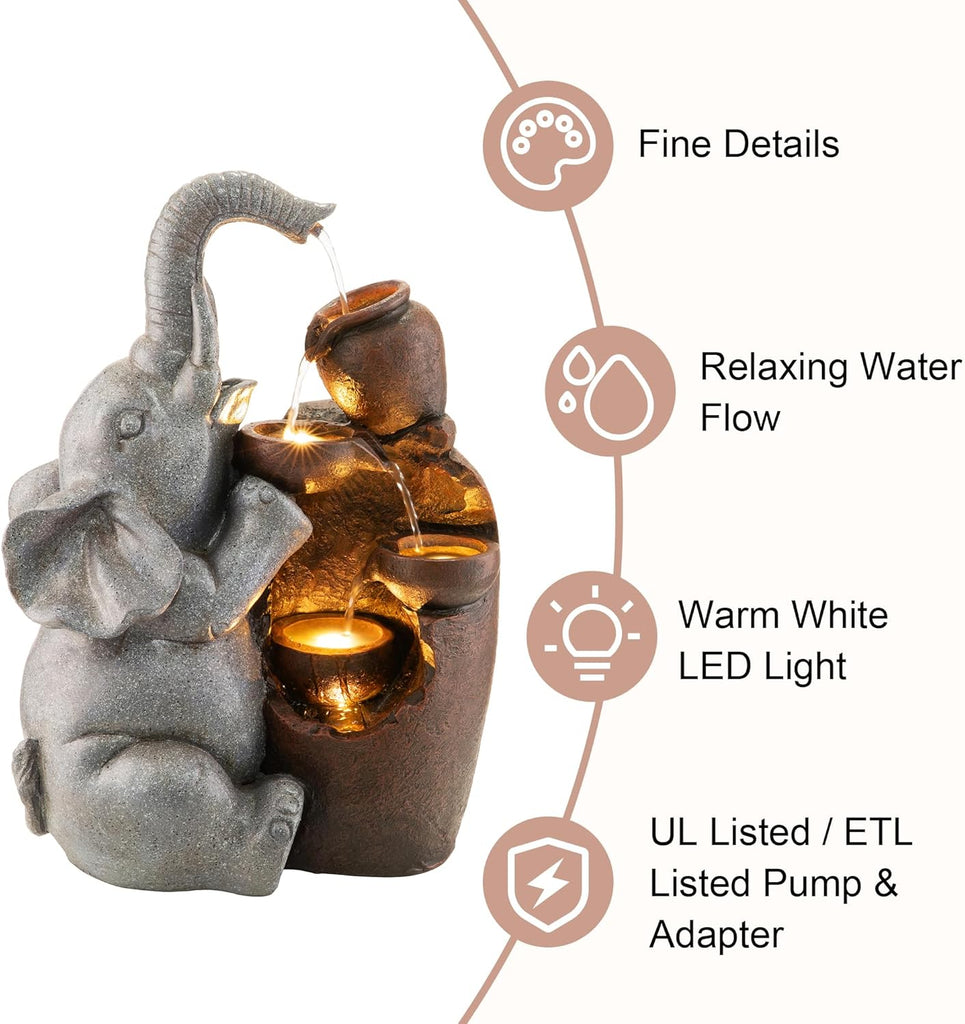 Outdoor Water Fountain, 4-Tiered Elephant and Pot Outdoor Fountain with Lights, 18.5" H Polyresin Decorative