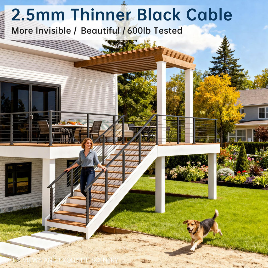 Swageless 4-12FT Black Stair Cable Railing Kit Surface Mount 36"